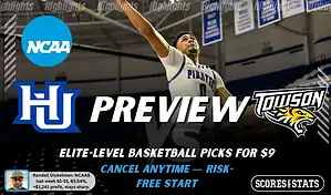 NCAAB preview graphic for Hampton Pirates vs Towson Tigers featuring both team logos, a matchup-themed background image, and the ScoresAndStats logo.