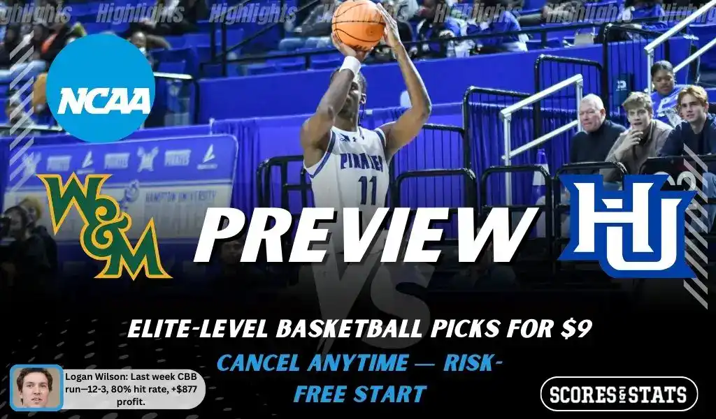 NCAAB preview graphic for Hampton Pirates vs William & Mary Tribe with both team logos, a matchup-themed background image, and the ScoresAndStats logo.