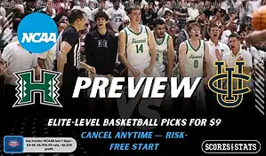Hawaii Rainbow Warriors vs UC Irvine Anteaters NCAAB preview image with both team logos, a relevant basketball background, and the ScoresAndStats logo.