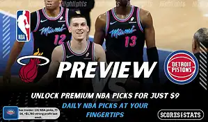 NBA preview graphic for Miami Heat vs Detroit Pistons featuring both team logos, a matchup-themed background image, and the ScoresAndStats logo.