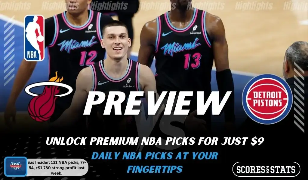 NBA preview graphic for Miami Heat vs Detroit Pistons featuring both team logos, a matchup-themed background image, and the ScoresAndStats logo.