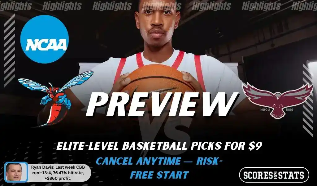 NCAAB preview graphic for Delaware State Hornets vs Maryland Eastern Shore Hawks (UMES) with both team logos, a matchup-themed background image, and the ScoresAndStats logo.