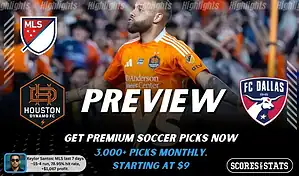 Houston Dynamo vs FC Dallas preview image with both team logos, a relevant soccer background, and the ScoresAndStats logo.