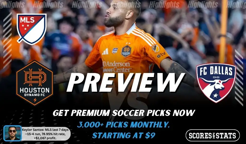 Houston Dynamo vs FC Dallas preview image with both team logos, a relevant soccer background, and the ScoresAndStats logo.