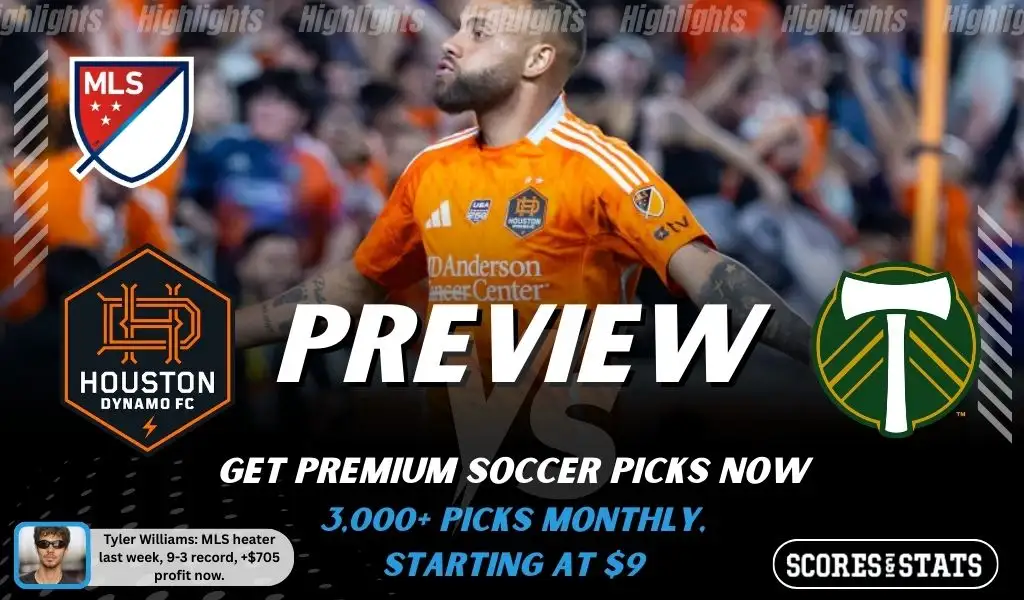 Houston Dynamo FC vs Portland Timbers preview image with both team logos, a relevant soccer background, and the ScoresAndStats logo.