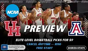 Houston Cougars vs Arizona Wildcats NCAAB preview image with both team logos, a relevant basketball background, and the ScoresAndStats logo.