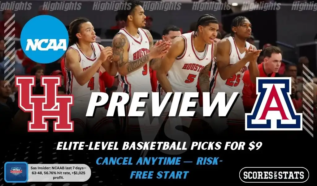 Houston Cougars vs Arizona Wildcats NCAAB preview image with both team logos, a relevant basketball background, and the ScoresAndStats logo.