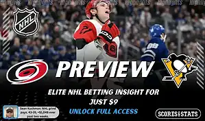 Carolina Hurricanes vs Pittsburgh Penguins preview image with both team logos, a relevant hockey background, and the ScoresAndStats logo.