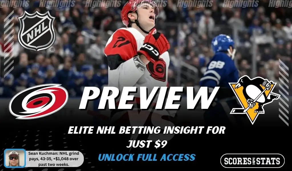 Carolina Hurricanes vs Pittsburgh Penguins preview image with both team logos, a relevant hockey background, and the ScoresAndStats logo.