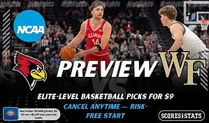 Illinois State Redbirds vs Wake Forest Demon Deacons NCAAB preview image with both team logos, a relevant basketball background, and the ScoresAndStats logo.