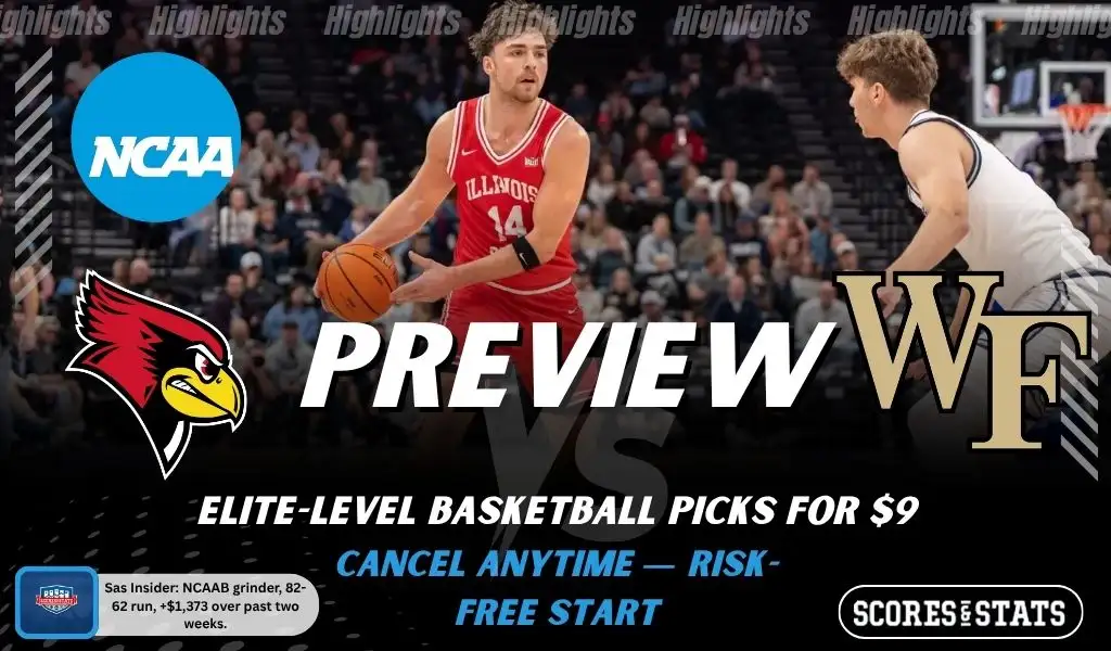 Illinois State Redbirds vs Wake Forest Demon Deacons NCAAB preview image with both team logos, a relevant basketball background, and the ScoresAndStats logo.