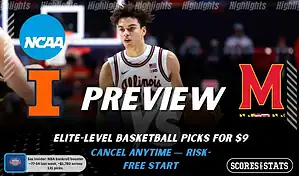 NCAAB preview graphic for Illinois Fighting Illini vs Maryland Terrapins featuring both team logos, a matchup-themed background image, and the ScoresAndStats logo.