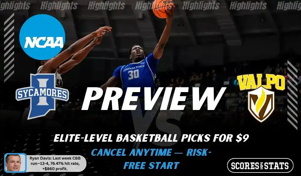 NCAAB preview graphic for Indiana State Sycamores vs Valparaiso Beacons with both team logos, a matchup-themed background image, and the ScoresAndStats logo.