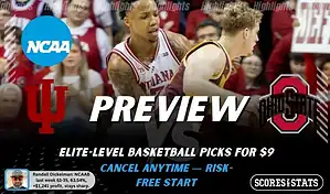 NCAAB preview graphic for Indiana Hoosiers vs Ohio State Buckeyes featuring both team logos, a matchup-themed background image, and the ScoresAndStats logo.