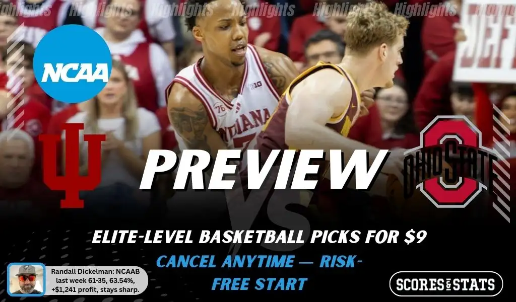 NCAAB preview graphic for Indiana Hoosiers vs Ohio State Buckeyes featuring both team logos, a matchup-themed background image, and the ScoresAndStats logo.