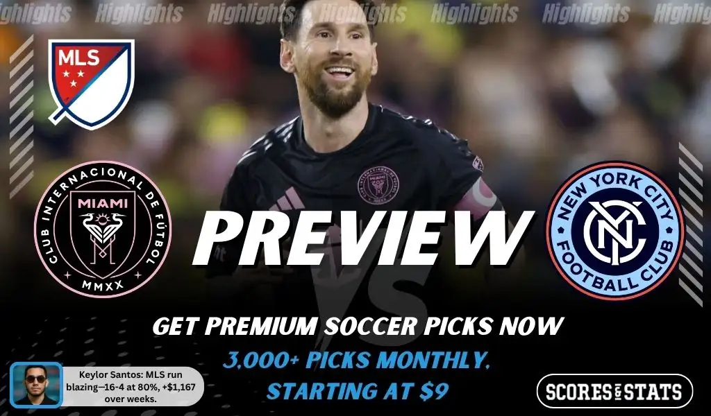Inter Miami vs New York City FC preview image with both team logos, a relevant soccer background, and the ScoresAndStats logo.
