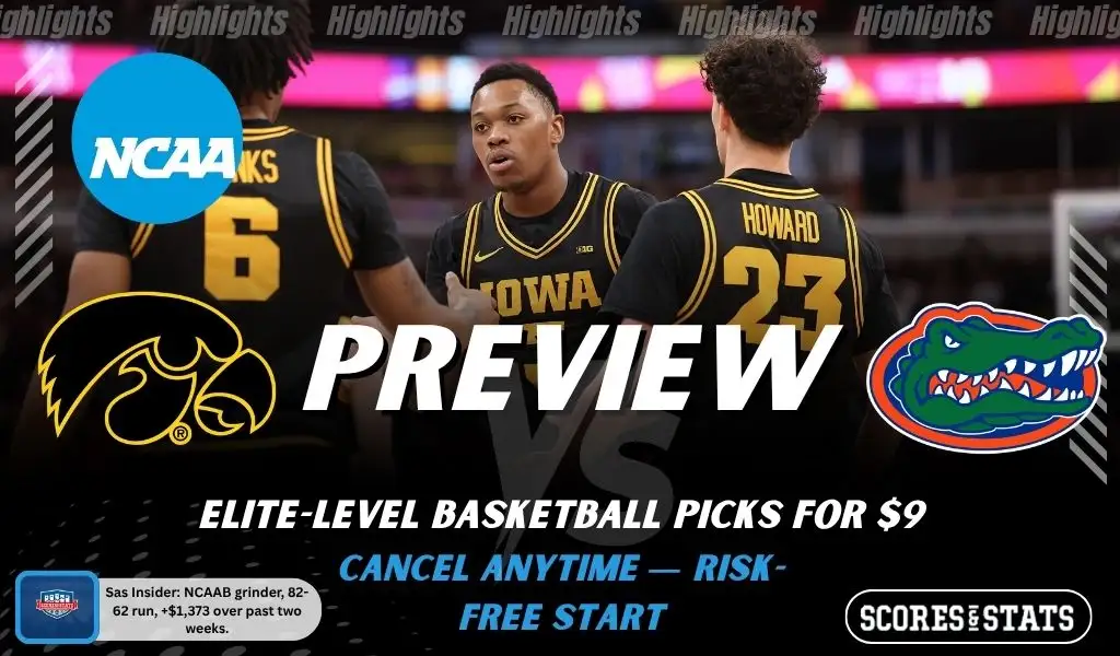 Iowa Hawkeyes vs Florida Gators NCAAB preview image with both team logos, a relevant basketball background, and the ScoresAndStats logo.