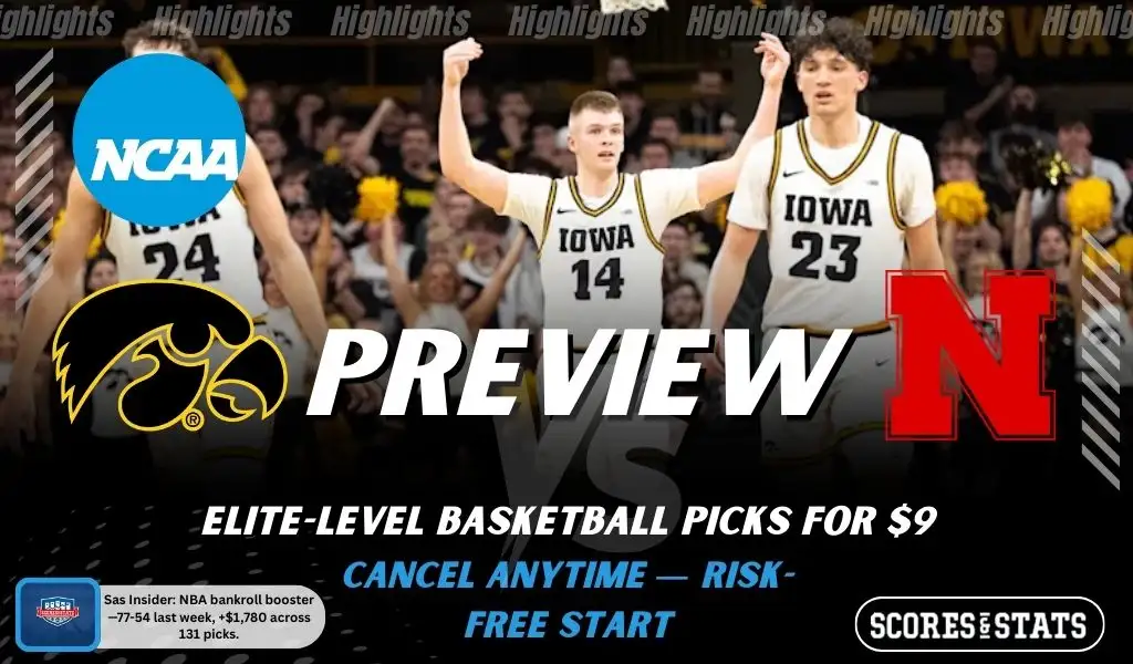 NCAAB preview graphic for Iowa Hawkeyes vs Nebraska Cornhuskers featuring both team logos, a matchup-themed background image, and the ScoresAndStats logo.