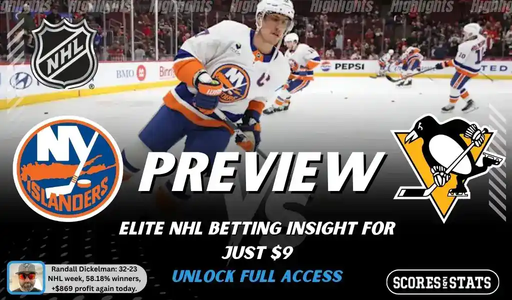 New York Islanders vs Pittsburgh Penguins preview image with both team logos, a relevant hockey background, and the ScoresAndStats logo.