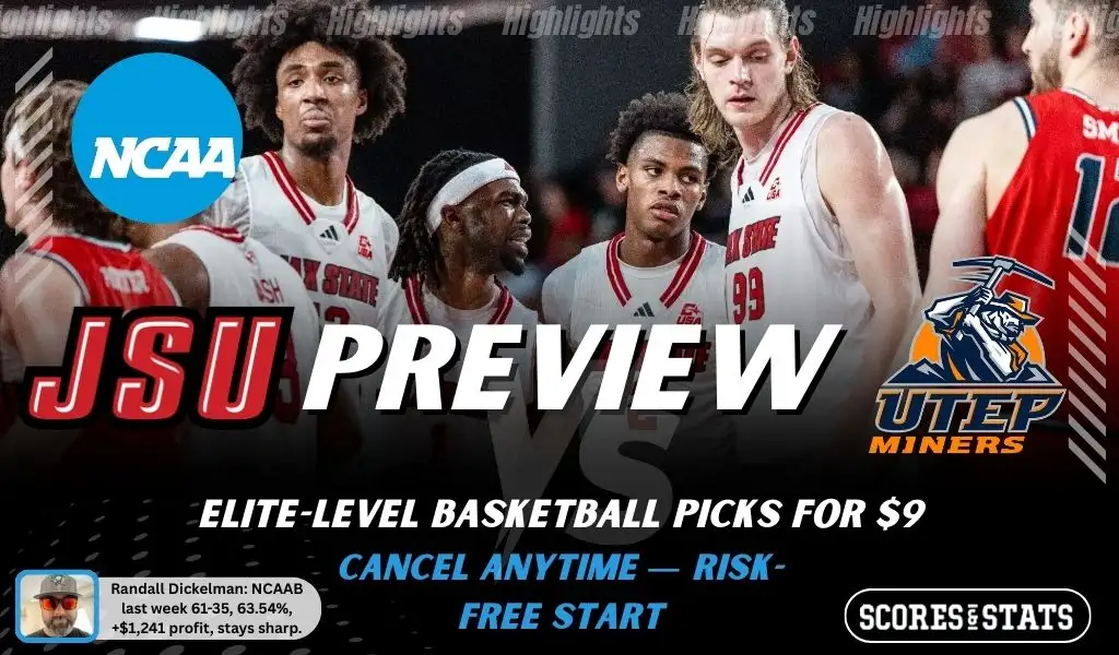 NCAAB preview graphic for Jacksonville State Gamecocks vs UTEP Miners featuring both team logos, a matchup-themed background image, and the ScoresAndStats logo.