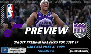 Utah Jazz vs Sacramento Kings preview image with both team logos, a relevant basketball background, and the ScoresAndStats logo.