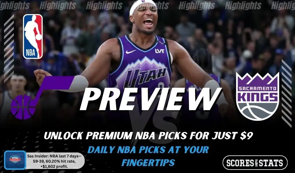 Utah Jazz vs Sacramento Kings preview image with both team logos, a relevant basketball background, and the ScoresAndStats logo.