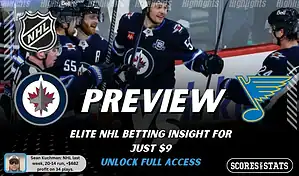 Winnipeg Jets vs St. Louis Blues preview image with both team logos, a relevant hockey background, and the ScoresAndStats logo.