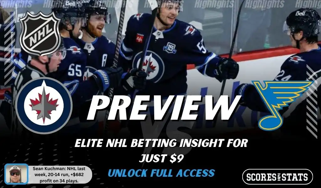 Winnipeg Jets vs St. Louis Blues preview image with both team logos, a relevant hockey background, and the ScoresAndStats logo.