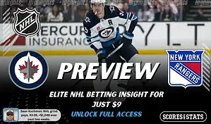 Winnipeg Jets vs New York Rangers preview image with both team logos, a relevant hockey background, and the ScoresAndStats logo.