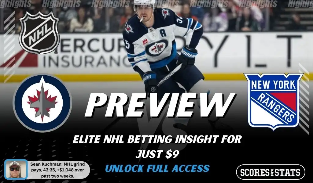 Winnipeg Jets vs New York Rangers preview image with both team logos, a relevant hockey background, and the ScoresAndStats logo.