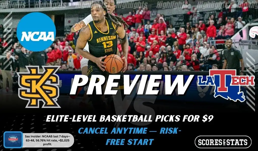Kennesaw State Owls vs Louisiana Tech Bulldogs NCAAB preview image with both team logos, a relevant basketball background, and the ScoresAndStats logo.