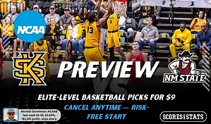 NCAAB preview graphic for Kennesaw State Owls vs New Mexico State Aggies featuring both team logos, a matchup-themed background image, and the ScoresAndStats logo.