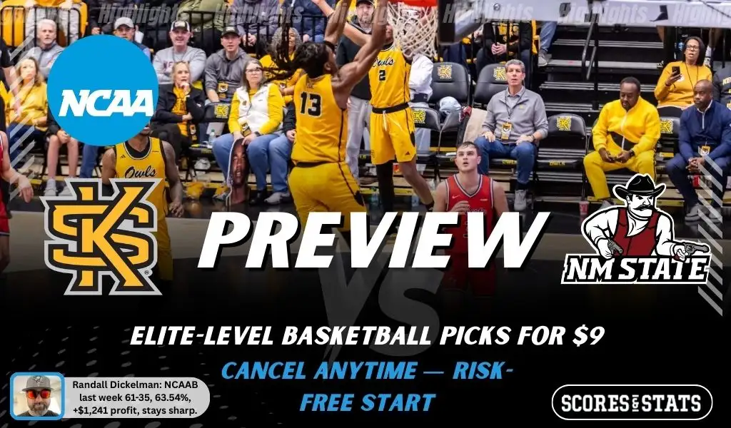 NCAAB preview graphic for Kennesaw State Owls vs New Mexico State Aggies featuring both team logos, a matchup-themed background image, and the ScoresAndStats logo.