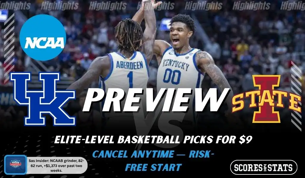 Kentucky Wildcats vs Iowa State Cyclones NCAAB preview image with both team logos, a relevant basketball background, and the ScoresAndStats logo.