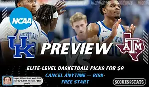 NCAAB preview graphic for Kentucky Wildcats vs Texas A&M Aggies with both team logos, a matchup-themed background image, and the ScoresAndStats logo.