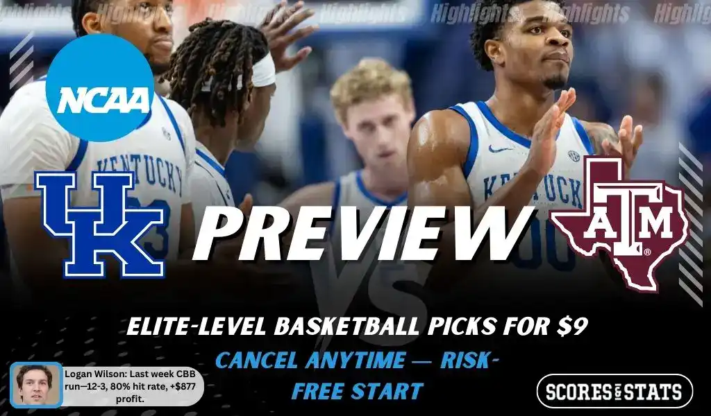 NCAAB preview graphic for Kentucky Wildcats vs Texas A&M Aggies with both team logos, a matchup-themed background image, and the ScoresAndStats logo.