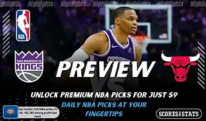 NBA preview graphic for Sacramento Kings vs Chicago Bulls featuring both team logos, a matchup-themed background image, and the ScoresAndStats logo.