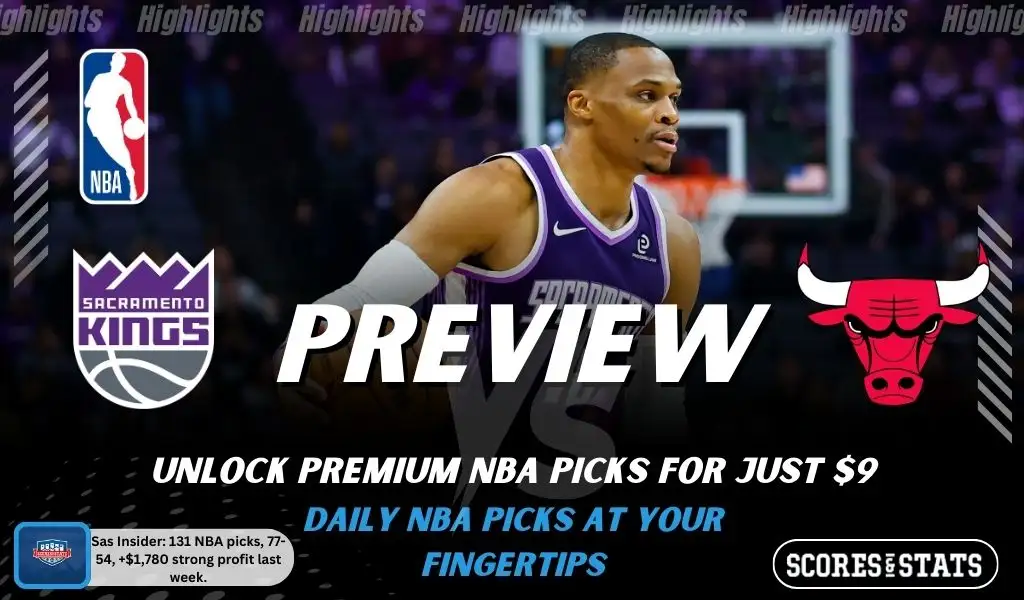 NBA preview graphic for Sacramento Kings vs Chicago Bulls featuring both team logos, a matchup-themed background image, and the ScoresAndStats logo.