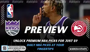 Sacramento Kings vs Atlanta Hawks preview image with both team logos, a relevant basketball background, and the ScoresAndStats logo.