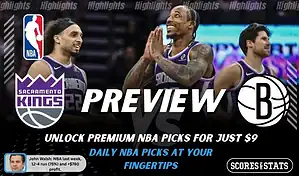 Sacramento Kings vs Brooklyn Nets preview image with both team logos, a relevant basketball background, and the ScoresAndStats logo.
