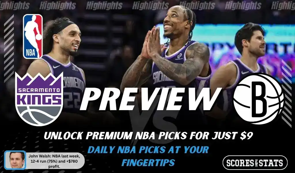 Sacramento Kings vs Brooklyn Nets preview image with both team logos, a relevant basketball background, and the ScoresAndStats logo.