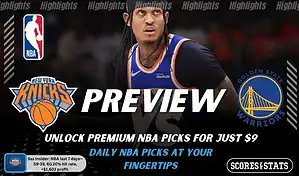New York Knicks vs Golden State Warriors preview image with both team logos, a relevant basketball background, and the ScoresAndStats logo.
