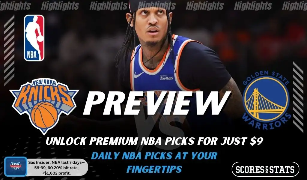 New York Knicks vs Golden State Warriors preview image with both team logos, a relevant basketball background, and the ScoresAndStats logo.