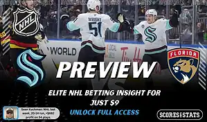 Seattle Kraken vs Florida Panthers preview image with both team logos, a relevant hockey background, and the ScoresAndStats logo.