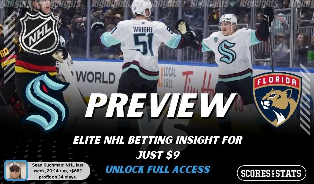 Seattle Kraken vs Florida Panthers preview image with both team logos, a relevant hockey background, and the ScoresAndStats logo.