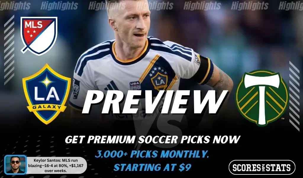 LA Galaxy vs Portland Timbers preview image with both team logos, a relevant soccer background, and the ScoresAndStats logo.