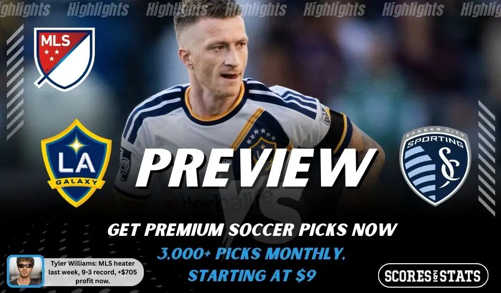 LA Galaxy vs Sporting Kansas City preview image with both team logos, a relevant soccer background, and the ScoresAndStats logo.