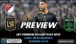 Los Angeles FC vs Austin FC preview image with both team logos, a relevant soccer background, and the ScoresAndStats logo.