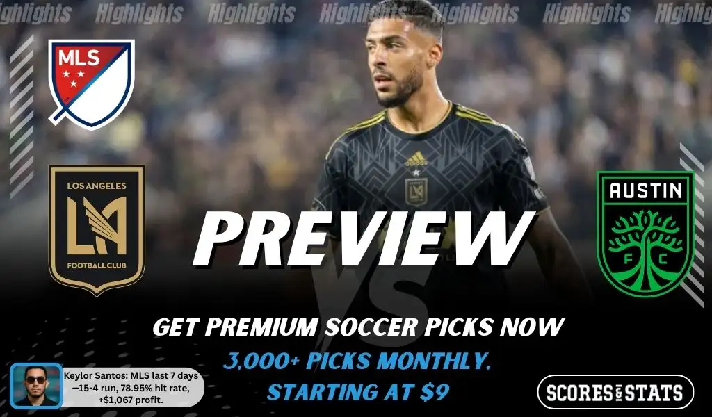 Los Angeles FC vs Austin FC preview image with both team logos, a relevant soccer background, and the ScoresAndStats logo.