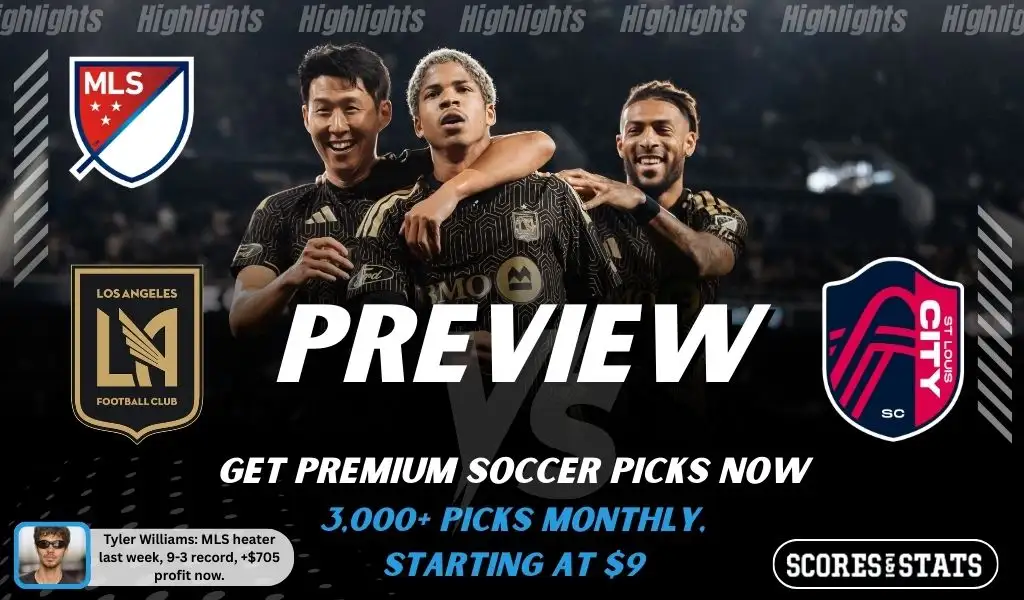 Los Angeles Football Club vs St. Louis City SC preview image with both team logos, a relevant soccer background, and the ScoresAndStats logo.